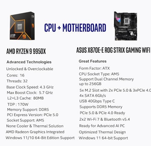 Micro Center AMD Ryzen 9 9950X CPU Processor with ASUS ROG Strix X870E-E Gaming WiFi X870 ATX Motherboard (18+2+2 Power Stages, WiFi 7, 5X M.2, PCIe 5.0, USB4)