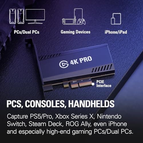 Elgato 4K Pro, Internal Capture Card: 8K60 Passthrough/4K60 HDR10 with Ultra-Low Latency on PS5 Pro, Xbox Series S, Nintendo Switch 2, for Streaming & Recording, Works with PC and Dual PC Setups