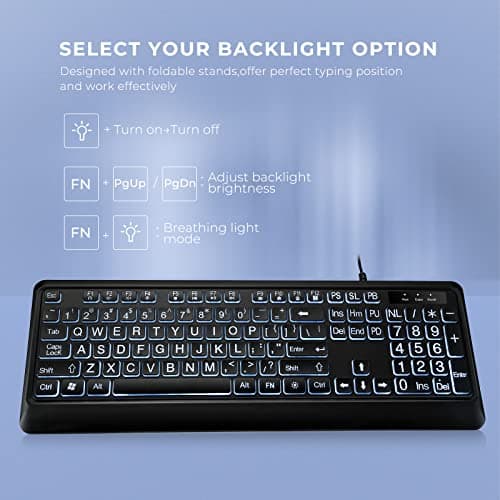 Large Print Backlit Keyboard, USB Wired Computer Keyboard, Full Size Keyboard with White Illuminated LED Compatible for Windows Desktop, Laptop, PC, Gaming, Black