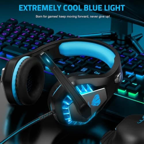 Gaming Headset with Microphone for PC, PS4, PS5, Headset Noise Cancelling Gaming Headphones for Switch, Laptop, Mac, Xbox Series X/S, Headphones with LED Lights, Deep Bass for Kids Adults, Black Blue