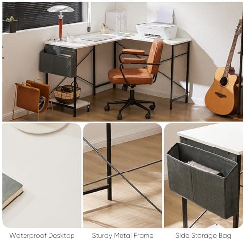 Sweetcrispy L Shaped Computer Desk - Gaming Corner 50 Inch PC White Writing Study Student Table with Wooden Desktop CPU Stand Side Bag Reversible for Home Office Room Small Space, Black