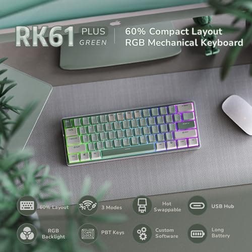 RK ROYAL KLUDGE RK61 Plus Wireless Gaming Keyboard, 60 Percent Mechanical Keyboard with Bluetooth/2.4Ghz/USB Wired, RGB Custom Keyboards for Win/Mac, PC Game, Hot Swappable Silent Linear Switch, Green