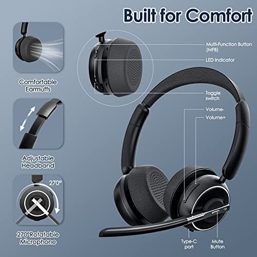 Wireless Headset, Bluetooth Headset with AI Noise Cancelling Mic, Bluetooth V5.2 Headphones with USB Dongle, Charging Base & Mic Mute for PC/Cell Phones/Call Center (Binaural, Black)