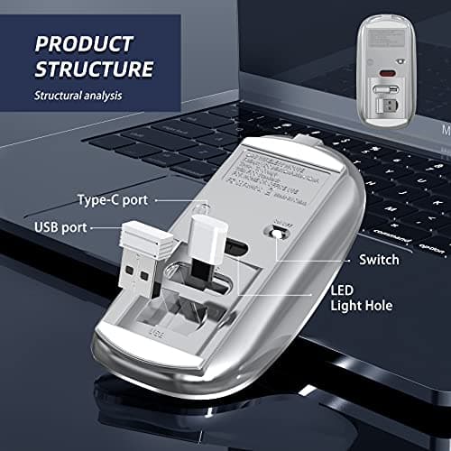 Wireless Mouse Chargeable Portable Silent USB and Type-C Dual Mode Wireless Mouse 3 Adjustable DPI for Laptop, Mac, Android, PC (Q23S Black) (Grey)