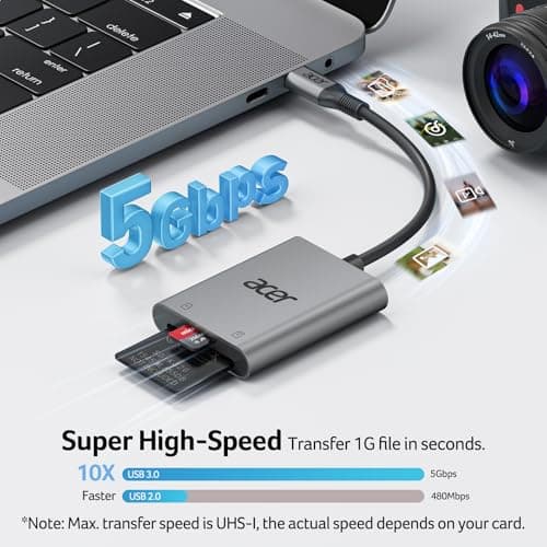 Acer SD Card Reader USB C, Dual Slots Type C to Memory Card Reader, Aluminum Micro SD Card Camera Adapter for MicroSD, SDHC, SDXC, Compatible with iPhone16/15, MacBook, iPad Pro, Android, Laptop