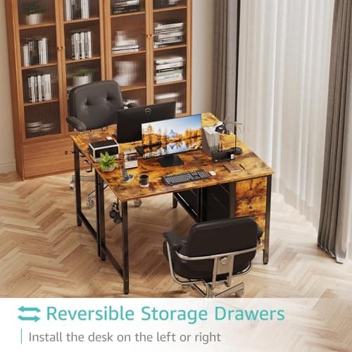 Lufeiya 40 inch Computer Desk with 4 Fabric Drawers, Kids Student Reversible Small Desks for Home Office Small Space, Work PC Desk Table for Bedroom, Rustic Brown