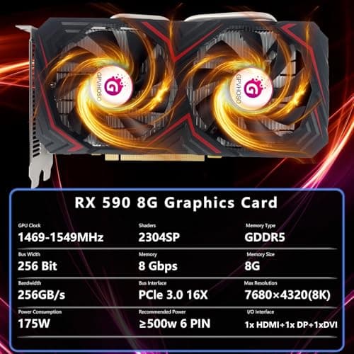Radeon RX 590 8GB GEM Graphics Card, 2304SP 1469MHz GDDR5 256bit, RX590 GPU 8K Video Card with Dual Cooling Fan, HDMI, DP, DVI-Output, PCIE 3.0 * 16 for Computer Gaming and Office