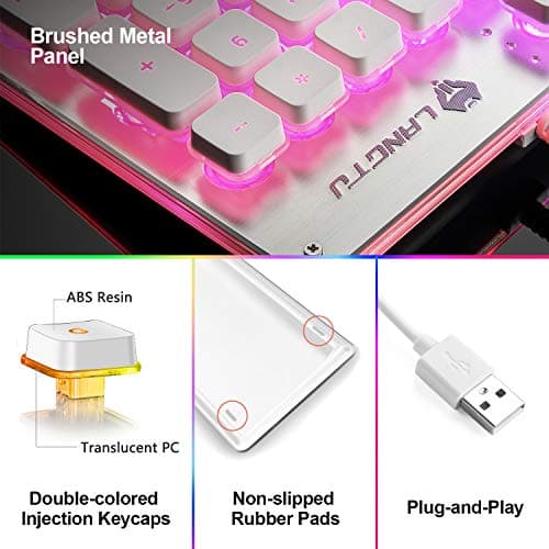 LANGTU Membrane Gaming Keyboard, Rainbow LED Backlit Quiet Keyboard for Office, USB Wired All-Metal Panel 25 Keys Anti-ghosting Computer Keyboard 104 Keys - L1 White/Silver