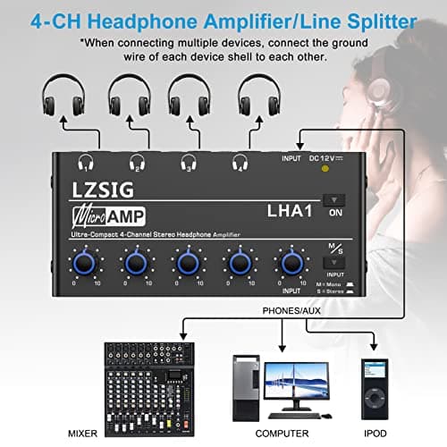 LZSIG Headphone Amplifier 4 Channel Metal Stereo Audio Amplifier, Mini Earphone Splitter with Power Adapter, 1/4" & 1/8" TRS Headphones Output and TRS Audio Input, DC 12V