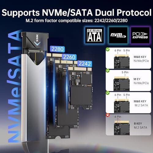 SSK M.2 NVME SATA SSD Enclosure Adapter, USB 3.2 Gen 2 (10 Gbps) to NVME PCI-E SATA M-Key/(B+M) Key Solid State Drive External Enclosure Aluminum Support UASP Trim for SSDs 2242/2260/2280