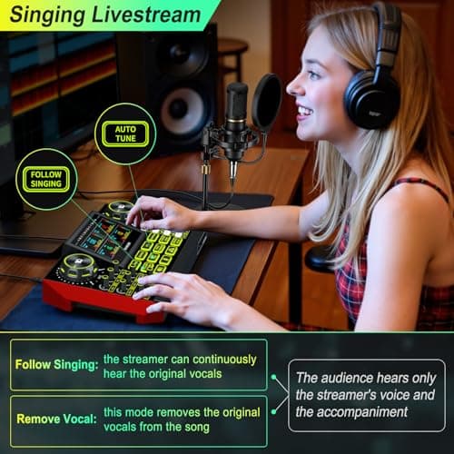 Podcast Microphone Bundle with Live Sound Card Audio Mixer, Podcast Equipment Bundle Sound Board with 3.5mm Condenser Microphone for Pc/Phone Live Streaming Singing Gaming,Voice Changer, Denoise