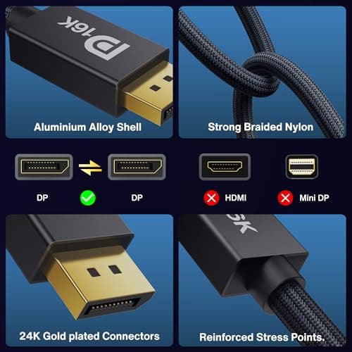 IVANKY 16K VESA Certified Displayport Cable 2.1, DP Cord [16K@60Hz,8K@120Hz,4K@240Hz], 80Gbps Display Port 2.1/2.0 Cable Support HDR10,HDCP,DSC 1.2a, Compatible Gaming Monitor, TV, Graphics(6.6ft)