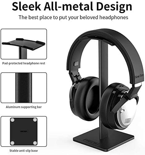 New bee Headphone Stand Headset Holder Earphone Stand with Aluminum Supporting Bar Flexible Headrest ABS Solid Base for All Headphones Size (Black)