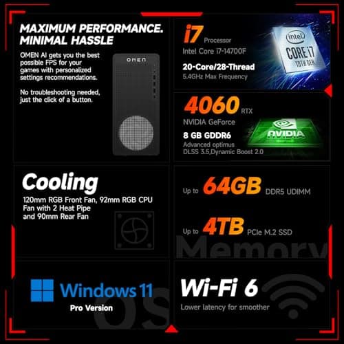 HP OMEN 16L i7 RTX 4060 Pro Gaming Desktop, Intel i7-14700F(Beats i9-12900F), NVIDIA RTX 4060, 64GB DDR5 RAM, 2TB SSD, DP, RJ-45, Wi-Fi 6, Bundle with Machenike K500B-B87 Gaming Keyboard