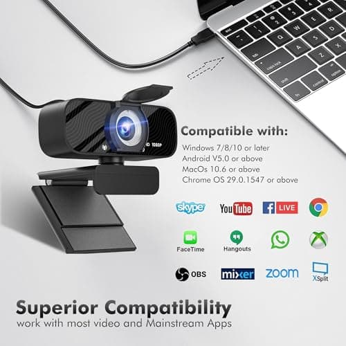 USB HD Webcam with Built-in Microphone and Rotatable Tripod, 1080P Video, Wide Angle Camera, Privacy Cover, for Desktop PC or Laptop Computer - 1（Black）