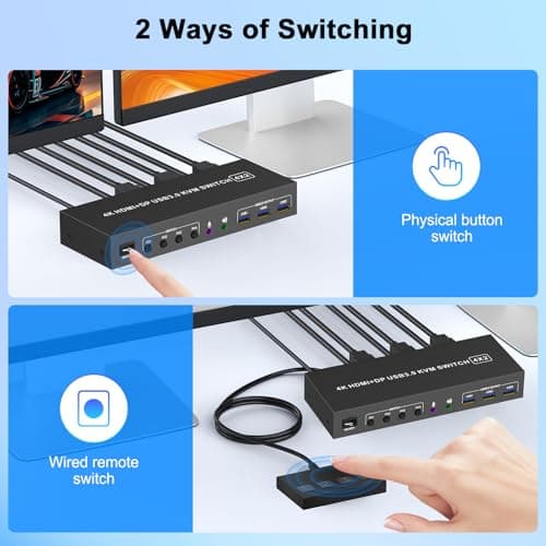 HDMI + DisplayPort KVM Switch 4 Computers 2 Monitors with 3 USB3.0 Ports, 4K@60Hz Dual Monitor KVM Switch 4 Port for 4 PCs Share 2 Monitors, Support Button Switch,Adaptive EDID, 4 in 2 Out