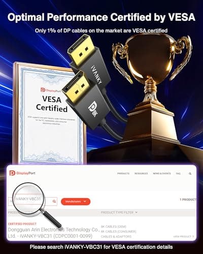 IVANKY 8K DisplayPort Cable 1.4, VESA Certified DP Cable 6.6ft (8K@60Hz, 4K@144Hz, 2K@240Hz)HBR3 Support 32.4Gbps, HDR, HDCP 2.2, FreeSync G-Sync, Braided Display Port for Gaming Monitor, Graphics, PC