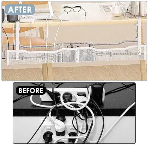 Cable Management, 25'' Cable Management Under Desk No Drill, Metal Cord Organizer with Clamp for Standing Desk, Cable Organizer for Home Office, White