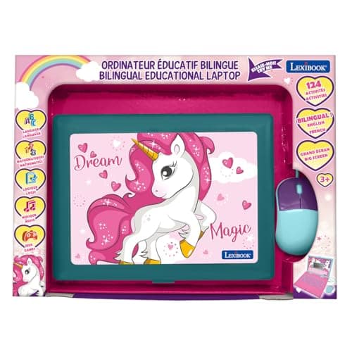 LEXiBOOK - Unicorn Educational and Bilingual Laptop Spanish/English - Toy for Children with 124 Activities to Learn Mathematics, Dactylography, Logic, Clock Reading, Play Games and Music - JC598UNIi2