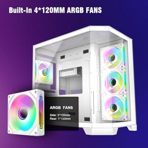 RUIX OV303 ATX Mid-Tower PC Case, Pre-Installed 4 x 120mm Prism ARGB PWM Fans, USB 3.0 & Type-C Ports, High-Airflow Gaming Computer Case - White