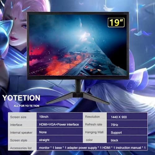 19 inch HD (1440 x 900) Monitor, 75Hz Refresh Rate, HDMI x1, VGA x1, Small Thin Monitor for laptops, Computers and desktops,LED Display, VGA/HDMI Connection.VESA:75 * 75MM