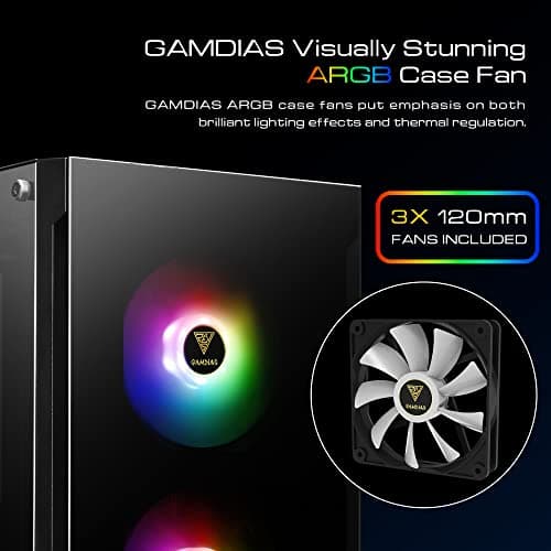 Gamdias RGB Gaming ATX Mid Tower Computer PC Case with Side Tempered Glass Panel and a Magnetic Dust Filter & 3 Built-in 120mm ARGB Fans