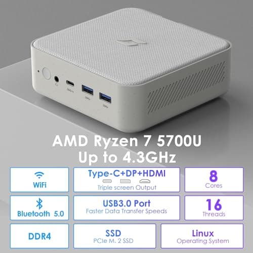 Mini Gaming PC Linux, AMD Ryzen 7 5700U (8C/16T, up to 4.3Ghz), 64GB DDR4 RAM 1TB PCIe SSD, Mini Desktop Computers with Waterproof Fabric Top, Supports 4K Triple Display WiFi/BT5.0