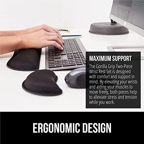 GORILLA GRIP Silky Gel Memory Foam Wrist Rest for Computer Keyboard, Mouse, Ergonomic Design for Typing Pain Relief, Desk Pads Support Hand and Arm, Mousepad Rests, Stain Resistant, 2 Piece Pad, Black