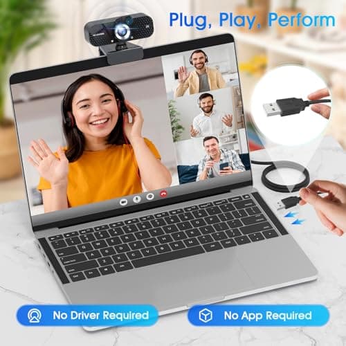 2K HD Webcam with Auto Light Correction, Noise-Canceling Mic, Privacy Cover and Wide Angle Lens, Plug & Play USB Camera for Laptop/PC/Mac, Compatible with Zoom, Skype, Teams & Streaming Black