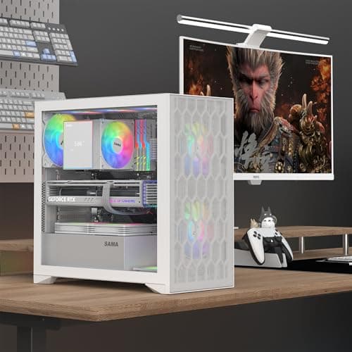 SAMA V Mesh Mid Tower PC Case - High Airflow PC Gaming Case Mesh Front Panel & Tempered Glass Side Panel, 3x140mm ARGB PWM Fans Pre-Installed, Supports ATX/M-ATX/ITX - White