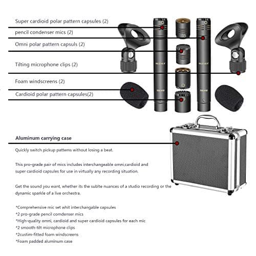 NEEWER 2-Pack Pencil Stick Condenser Mic with Interchangeable Omni Cardioid and Super Cardioid Capsules Foam Windscreens Mic Clip and Carrying Case for Acoustic Woodwind Instruments