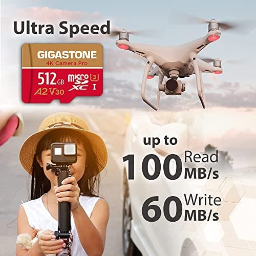 [5-Yrs Free Data Recovery] GIGASTONE 512GB Micro SD Card, 4K Camera Pro, A2 V30 for Smartphone, Gopro, Action Cams, 4K UHD Video Recording , Up to 100MB/s, UHS-I U3 C10 Class 10 with Adapter