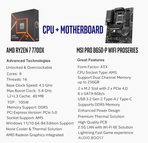 INLAND MSI PRO B650-P WiFi Motherboard with AMD Ryzen 7 7700X 6-Core Desktop Processor (AMD AM5, ATX, DDR5, PCIe 4.0)