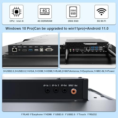 55" 4K Touch Screen Dual System All-in-One Computer for Senior Center, Wall-Mountable, Intel i5 Win 10 Pro, 4GB RAM/256GB SSD, Android 11, Anti-Glare, HDMI/USB/VGA/Bluetooth/WiFi
