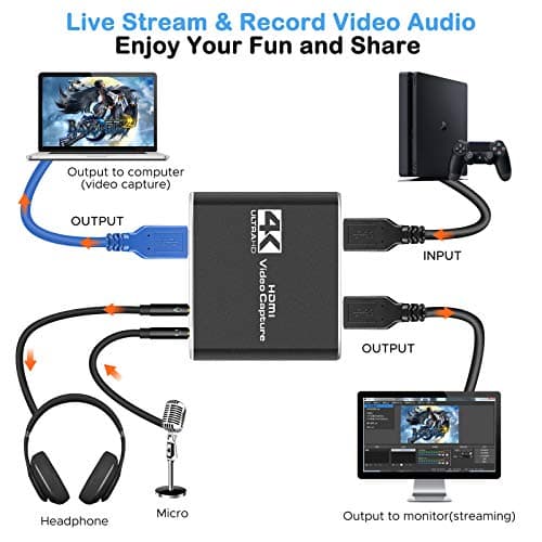 Capture Card, Audio Video Capture Card with Microphone 4K HDMI Loop-Out, 1080p 60fps Video Recorder for Gaming/Live Streaming/Video Conference, Works for Nintendo Switch/PS4/OBS/Camera/PC