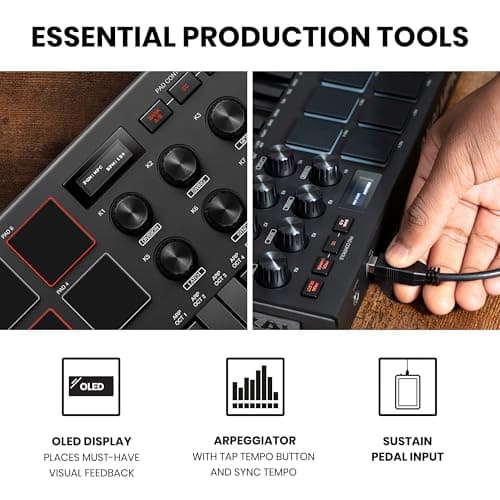 Akai Professional MPK Mini MK3 - 25 Key USB MIDI Keyboard Controller With 8 Backlit Drum Pads, 8 Knobs, Music Production Software and Native Instruments Sound Package (NKS Integration), Black