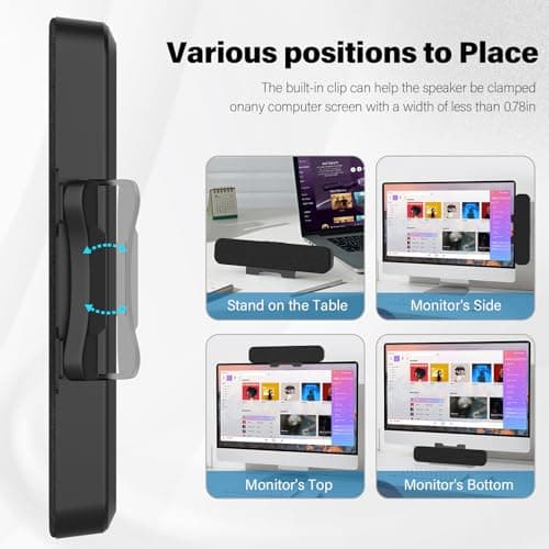 Computer Speakers for Desktop Pc, Monitor Speakers for Laptop,Pc Speakers with Loud Sound,Volume Control Easily Clamps to Monitors(USB-C to USB Adapter Included) (Black)