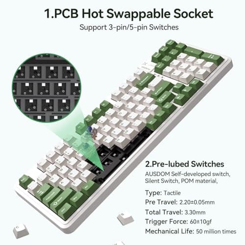 AUSDOM 98Pro Silent Mechanical Keyboard, Wireless Hot Swappable Gaming Keyboard with Backlit,Gasket Structure,Pre-lubed Tactile Switches,2.4GHz/Type-C/Bluetooth Custom Keyboards (Green & White-Silent)