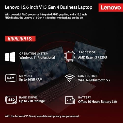 Lenovo V15 Business Laptop with Microsoft Office 365, AMD 7000-Series Processor (Outperforms i5-1130G7), 15.6" FHD LED Display, 16GB RAM, 1TB SSD, Ethernet RJ-45, Wi-Fi 6, Windows 11 Pro, WOWPC USB