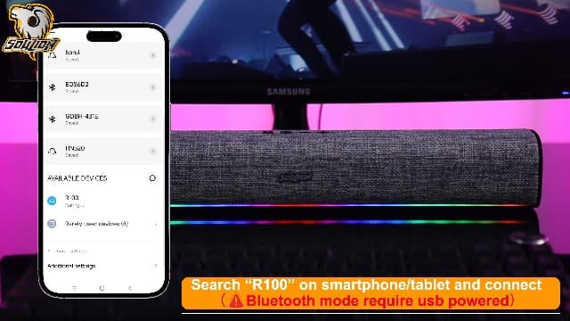 SOULION R100 Bluetooth Computer Speakers with Dynamic LED Light, USB Plug & Play PC Speakers with Switch Button, Clearly Sound Soundbar for Desktop Laptop Monitor(USB-C to USB Adapter Included)