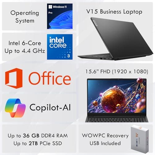Lenovo V15 Business Laptop with Microsoft Office, Intel 6-core Processor(Up to 4.4 GHz), 15.6" FHD Display, 36GB RAM, 1TB SSD, Ethernet Port RJ-45, Wi-Fi 6, Windows 11 Pro, Copilot AI-Ready, WOWPC USB