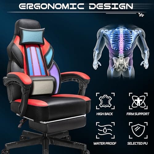 Gaming Chair with Footrest, Video Game Chair for Adults, Big and Tall Computer Chair with Massage Lumbar Support 330lb Weight Capacity, Ergonomic Adjustable Height and 360° Swivel Seat (Red)