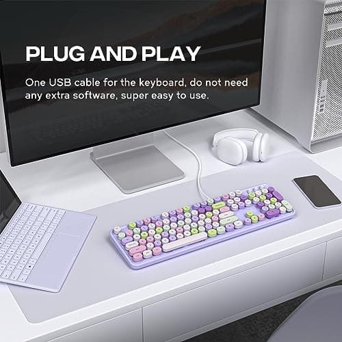 Computer Keyboard Wired, Plug and Play USB Retro Round Typewriter Keyboard, Full Size Wired Keyboard with Foldable Stands for Laptop and Office PC- Purple Colorful