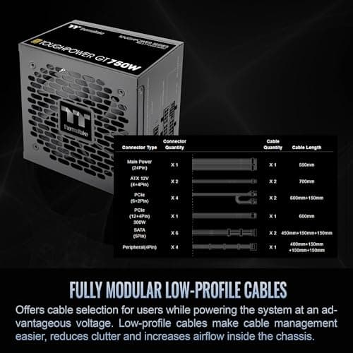 Thermaltake Toughpower GT 750W ATX 3.1 Standard Power Supply; 80 Plus Gold Efficiency; Smart Zero Fan; Native 300W PCIe 5.1 Connector; PS-TPT-0750FNFAGU-3; 5 Year Warranty