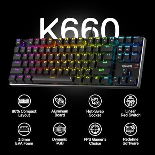 Redragon K660 (K556 TKL) RGB Wired Gaming Keyboard, 80% 87 Keys Mechanical Keyboard w/Aluminum Base, Upgraded Hot-Swap Socket and Noise Absorbing Foams, Quiet Linear Red Switch