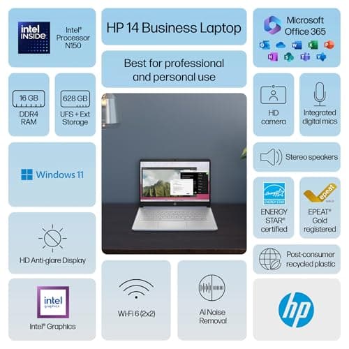 HP 14 Laptop Student Business 2025 Flagship Computer, AI Copilot, 4-Core 13th Gen Intel CPU, 16GB RAM 628GB Storage (128GB UFS+ 500GB Ext), 1-Yr Office 365, Long Battery HubxcelAccessory Win 11S Blue