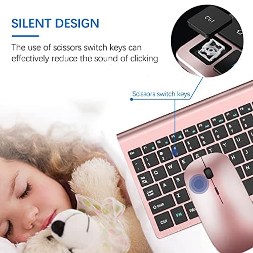 Wireless Keyboard and Mouse Ultra Slim Combo, TopMate 2.4G Silent Compact USB 2400DPI Mouse and Scissor Switch Keyboard Set with Cover, 2 AA & 2 AAA Batteries,for PC/Laptop/Windows/Mac-Rose Gold Black