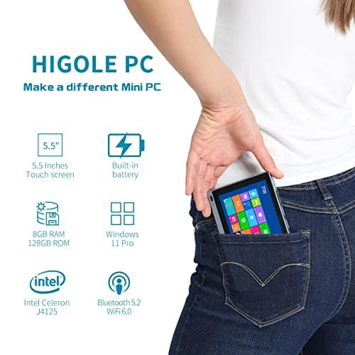 HIGOLEPC Mini PC Win 11 PRO, Celeron J4125 Mini Computer, 8GB DDR4 128GB EMMC Mini Desktop Computer with IPS Screen, WiFi 5.0, BT5.2, Gigabit Ethernet