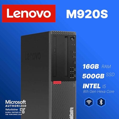 Lenovo M920S Windows 11 Desktop Computer | 16GB RAM + 500GB SSD | Intel i5-8500 | 16GB RAM + 500GB SSD | WiFi 6 AX200 + BT | 22" LCD | RGB Keyboard/Mouse + Speakers | Home or Office PC (Renewed)