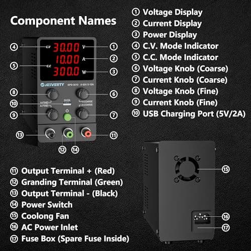 DC Power Supply Variable, 0-30V 0-10A Adjustable Switching DC Regulated Bench Power Supply with High Precision 4-Digit LED Display, 5V/2A USB Port, Coarse and Fine Adjustment SPS-3010